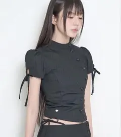 ILLIGO チャイナボタンカラー トップス ブラックストライプ