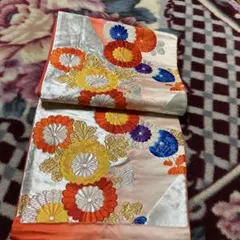 花柄刺繍 袋帯 オレンジ系