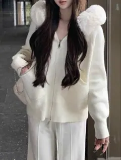 SHEIN フード付きファー付きニットパーカー 白 ホワイト