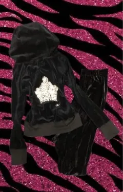 姫ギャル 平成ギャル 海外ガール 王冠 ラインストーン ベロア セットアップ 黒