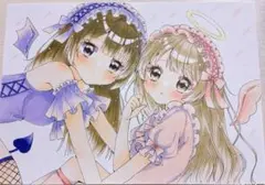 手描き オリジナルイラスト コピック 双子 原画 イラスト オリジナル コピック ゆめかわ セーラー服の双子の