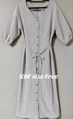 KBF ギンガムチェックワンピース ロング 七分袖 ウエストリボン 春夏素材
