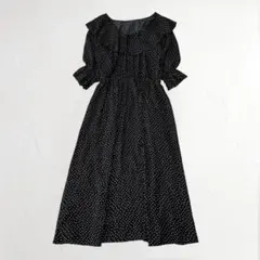 ドット調 ロング ワンピース 大きいサイズ 3L ゆったり ブラック フリル袖