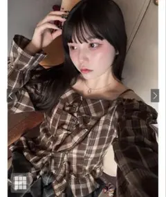 GRL チェック柄オフショルダーラッフルフリルブラウス [tu1576]