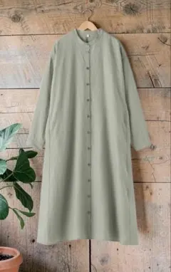無印良品　リネン洗いざらし長袖シャツワンピース　スモーキーグリーン.XL