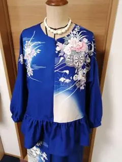 着物リメイク 前ファスナー開きブラウス、ワイドパンツ／セットアップ、Lサイズ