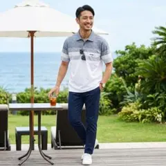 G968*美品☆インスパイア☆半袖ポロシャツ☆バイカラー☆グレー☆白☆ストレッチ