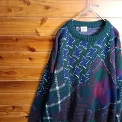 ニット　セーター　ゆるだぼ　レトロ　90s　総柄　クージー風　ヴィンテージ　XL