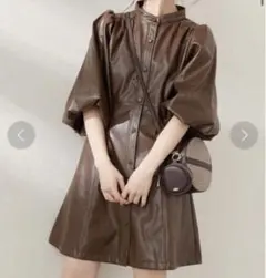 フーズフーチコ　レザーバルーン袖ミニワンピース　ブラウン