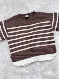 プティマイン　ブラウンとホワイトのストライプニットセーター S