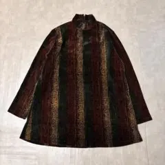 vintage ストライプ ハイネックベロアチュニック Aライン レトロ 古着