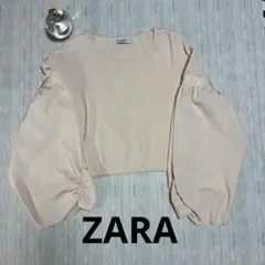 ZARA クロップド丈 パフスリーブニット M ピンクベージュ ボリューム袖のサムネイル