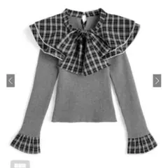 ♡ チェック柄フリルリボンカラードッキングニットトップス tw1244 ♡