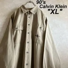 古着 90's カルバンクライン 刺繍ロゴ ワークシャツ ベージュ XL