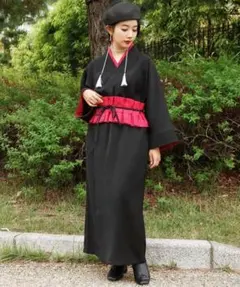 【2026春夏新作】 【カヤ】流水洒落着ならいワンピース　帯付き　ブラック　赤色 2026春夏新作】 【カヤ】流水洒落着ならいワンピース 帯付き ブラック