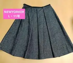 美品NEWYORKERブラック系総柄プリーツスカート L11号大きめ ストレッチ