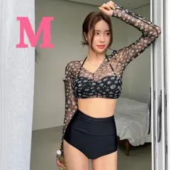 水着 ビキニ シアートップス 花柄 ハイウェスト シースルー 体系カバー 黒