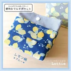 フタなし＆ファスナー付！あんしんマルチポケット＊レモン柄＊ブルー