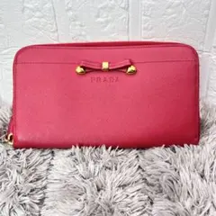 極美品 PRADA プラダ ラウンドファスナー サフィアーノ リボン ピンク
