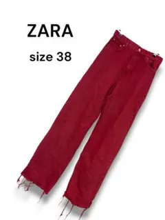 ZARAザラワイドデニム赤カットオフフリンジ フルレングス90sコットン100%