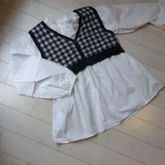 美品チェック柄ニットベスト付きブラウス
