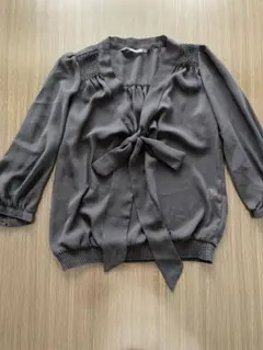 ZARAリボンブラウス 七分袖 シフォン プルオーバー オフィスカジュアル 黒