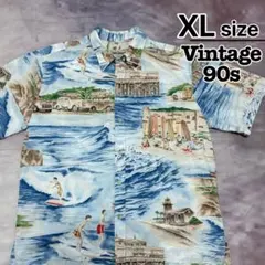 ハワイ製　90s　アロハシャツ　XL　ブルー　海　サーフィン　半袖　USA古着