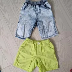 ブリーチデニム色ハーフパンツとライム色の半ズボン2点セット 120