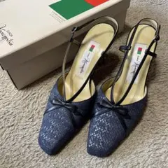 値下げ⭐︎良品⭐︎銀座かねまつ リボン付きネイビーパンプス 22.5cm