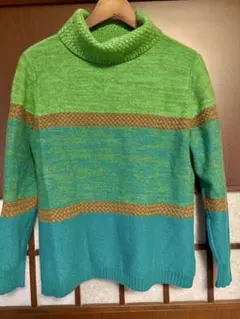 ゆったりレディース、モヘア100%タートルネックニット 緑・青・茶色ストライプ