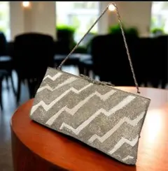 「LaMooci ビーズクラッチバッグ 高級生地使用 日本製チェーン付き品質保証