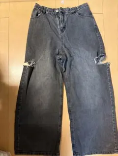 ダメージ加工 ワイドレッグデニムパンツ ダークグレー