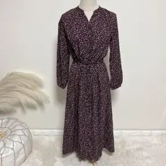 ユニクロ プリントVネックロングシャツワンピース（長袖）ネイビー花柄 S