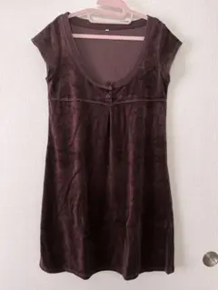 【無印良品】ダークブラウン 半袖 ベロア膝丈ワンピース