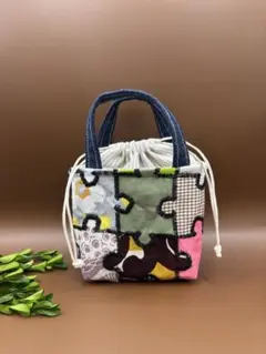 ミニ 巾着付きトートバッグ ファスナーポーチ 2点セットパッチワーク ブルー系 ミニ 巾着付きトートバッグ ファスナーポーチ 2点セットパッチ