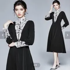 レース付き黒ロングドレス　お呼ばれ