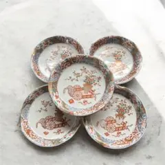 【古伊万里】江戸後期 金襴手 御所車花文 五寸皿 5客揃