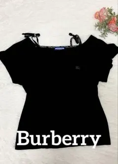 【美品】BLUE LABEL バーバリー トップス 38 黒 肩リボン　ロゴ刺繍