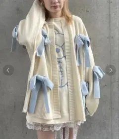 【Candy stripper】リボンニットカーディガン白✖️水色リボン　人気