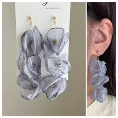 【再販】シフォンフラワー グレー ブライダル ピアス イヤリング ハンドメイド