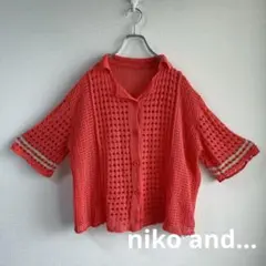美品 ニコアンド 透かし編みメッシュニットポロシャツ F サーモンピンク 麻混のサムネイル
