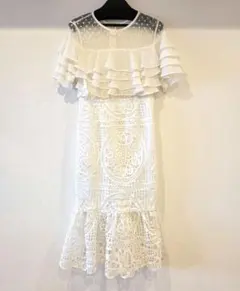 フォーマルドレス　フリル　レース　刺繍　シアードット　白　ホワイト　マーメイド