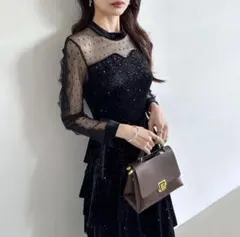 【S】ベロア ワンピース パーティードレス レース 黒 お呼ばれ　結婚式