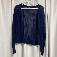 ネイビー 透かし編み 長袖カーディガン