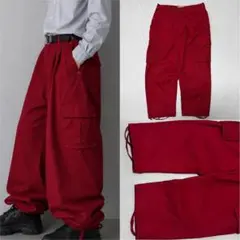 90s パラシュート バギー カーゴパンツ ドローコード W40 L32 レッドのサムネイル