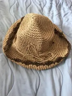 ベージュ ストローバケットハット リボン付き