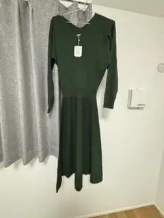 YAMADAYA ダークグリーン Vネック 長袖ニットワンピース 38