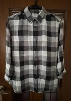 レディース　チェック柄 七分袖リネンシャツ