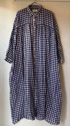 ICHI Antiquites リネン チェック シャツ ワンピース 青 - メルカリ
