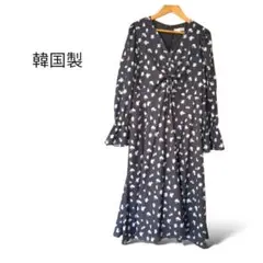 美品✨ 韓国 ワンピース【XS相当】総柄 フラワー 黒
